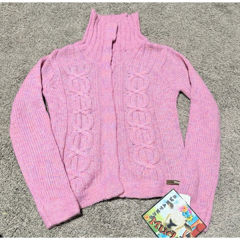 Y2K Mudd Pink Cable Knit Turtleneck Cardigan Sweater Size L Snap Front NWT